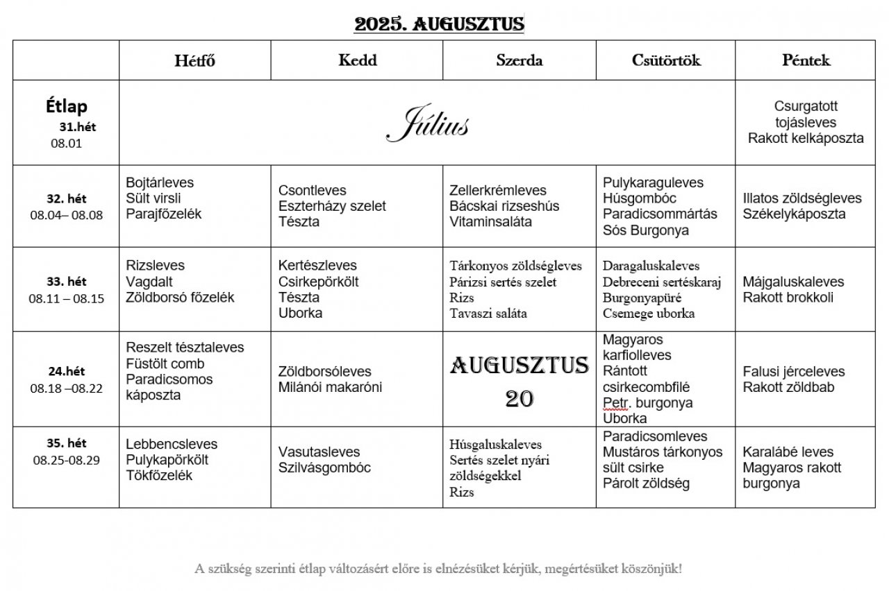 2025. Augusztusi étlap
