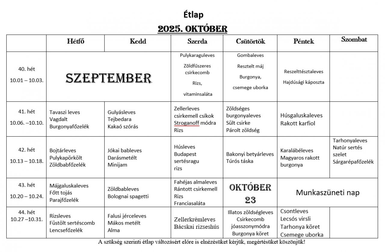 2025. Októberi étlap
