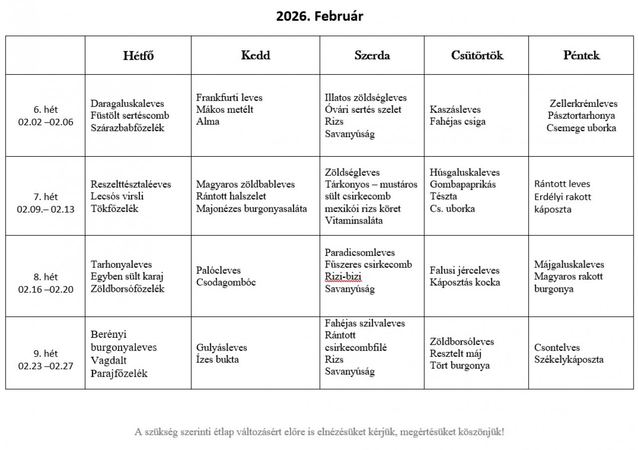 2026. Februári étlap
