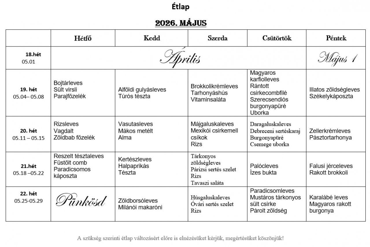 2026. Májusi étlap