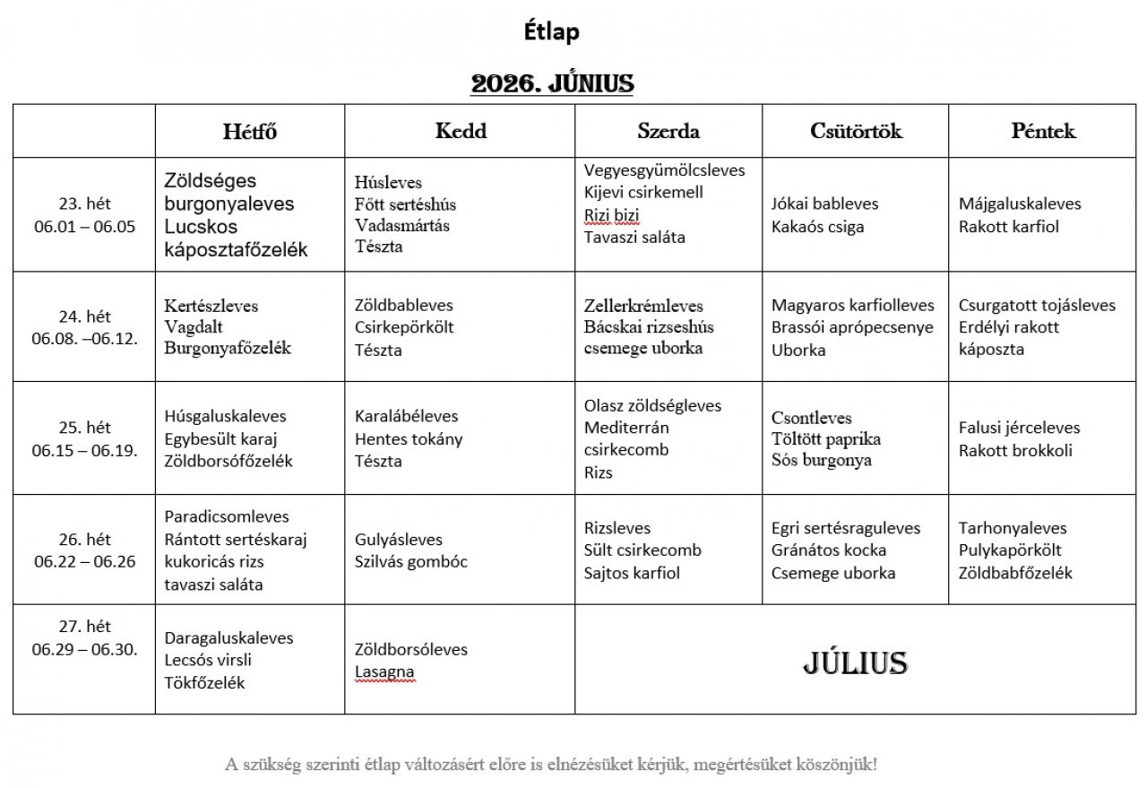 2026. Júniusi étlap