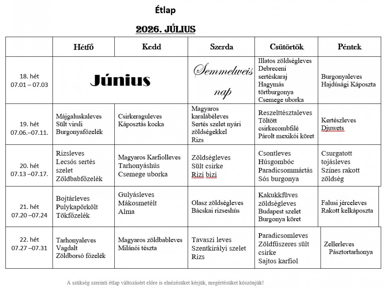 2026. Júliusi étlap