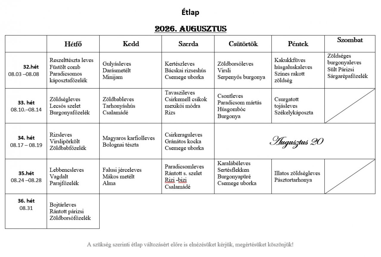 2026. Augusztusi étlap
