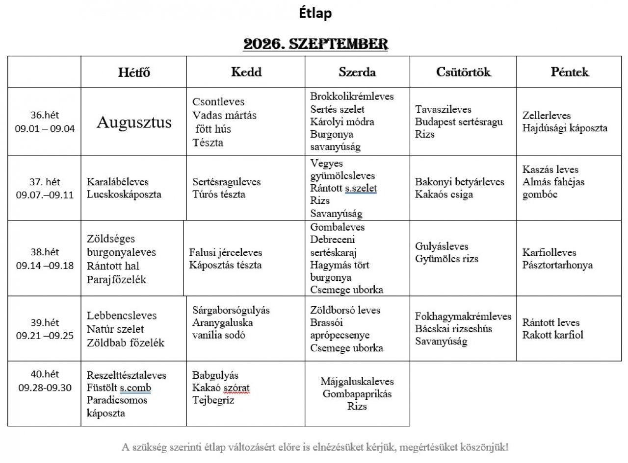 2026. Szeptemberi étlap